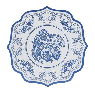 Breebe 10 Pack Cardboard Paper Table Mats With White Royal Blue Damask Floral Pattern, 13" Round Disposable