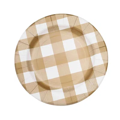 Breebe 10-pack Disposable Paper Charger Plates - Gold/white Buffalo Plaid 13" Round Table Chargers, 350 Gsm