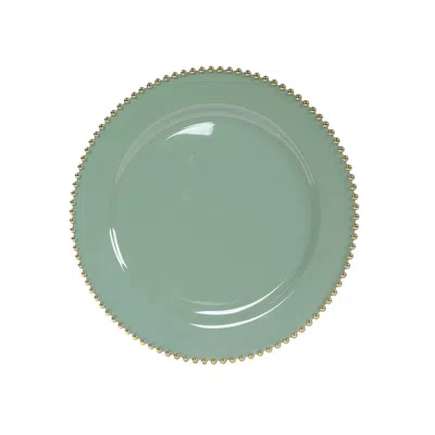 Breebe 10-pack Economy Round Plastic Charger Plates 13" In Dusty Sage Green With Gold Beaded Rim, Stylish D