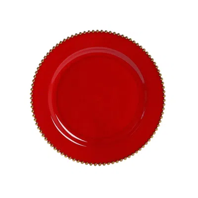 Breebe 10-pack Economy Round Plastic Charger Plates 13" In Red With Gold Beaded Rim, Stylish Dinner Party S