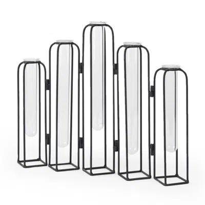 Breebe 11" Clear And Black Glass And Metal Five Tube Table Vase