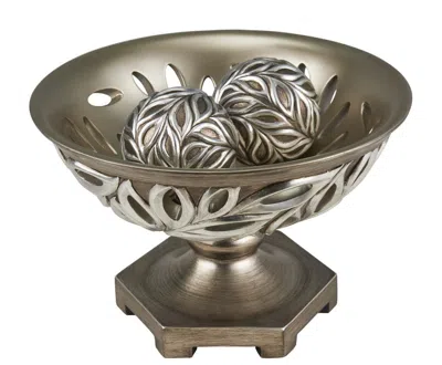 Breebe 13" Brushed Silver Leaf Polyresin Decorative Pedestal Bowl With Orbs