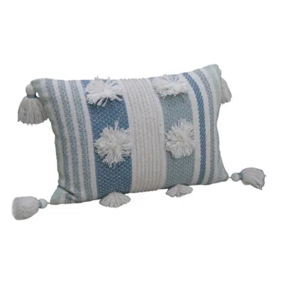 Breebe 14" X 20" Cream And Blue Striped Cotton Blend Lumbar Throw Pillow With Pom-poms And Tassels