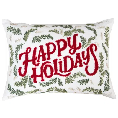 Breebe 14" X 20" Ivory Red And Green Cotton Happy Holidays Throw Pillow With Embroidery