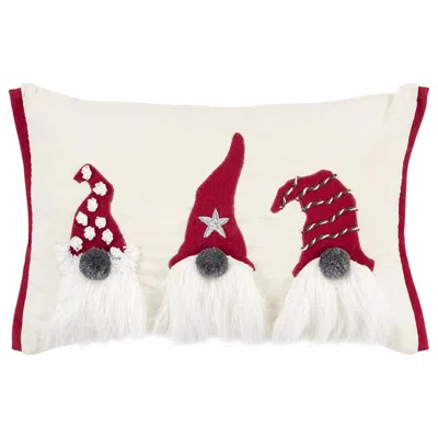 Breebe 14" X 20" Red And Ivory Cotton Christmas Gnomes Throw Pillow With Embroidery In Multi