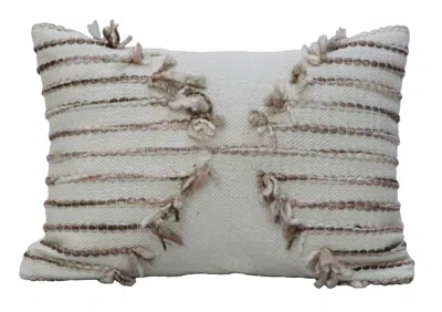Breebe 14" X 20" Tan And White Zippered Cotton Blend Geometric Throw Pillow With Pom-poms