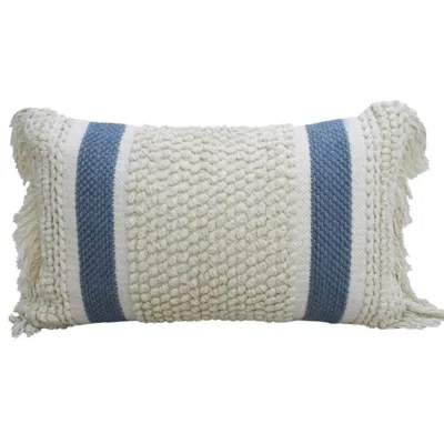 Breebe 14" X 24" Cream And Light Blue Handmade Nubby Texture Throw Pillow With Fringe