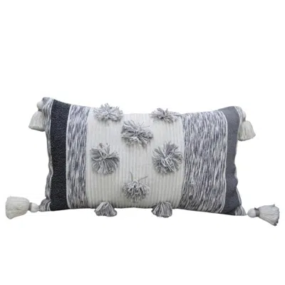 Breebe 14" X 24" White And Grey Striped Cotton Blend Lumbar Throw Pillow With Pom-poms And Tassels