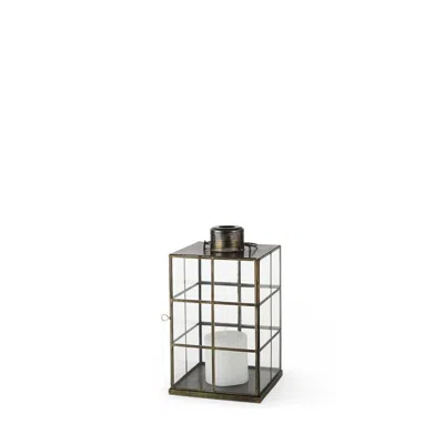 Breebe 15" Gold Distressed Geometric Metal And Glass Tabletop Lantern Candle Holder