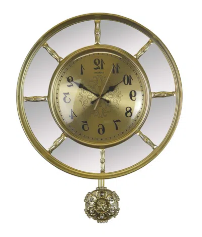 Breebe 16" Gold And Silver Mirrored Glass And Resin Silent Pendulum Ornate Round Wall Clock