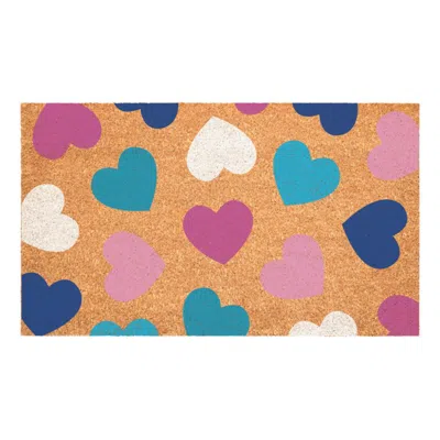 Breebe 17" X 29" Brown Blue Navy Blue And Light Pink Hearts Outdoor Coir Door Mat