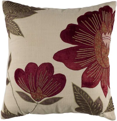 Breebe 18" Beige And Red Floral Throw Pillow With Embroidery In Multi