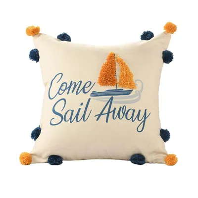 Breebe 18" Cream Navy Blue And Orange Come Sail Away Beach Nautical Throw Pillow Cover