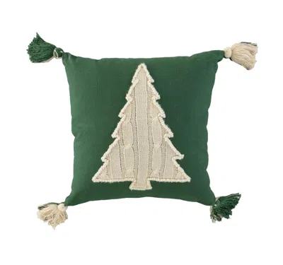 Breebe 18" Green And Ivory Cotton Christmas Tree Throw Pillow With Tassels