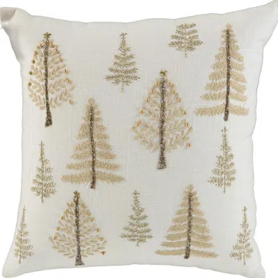 Breebe 18" Natural Silver And Gold Cotton Christmas Trees Throw Pillow With Beads And Embroidery