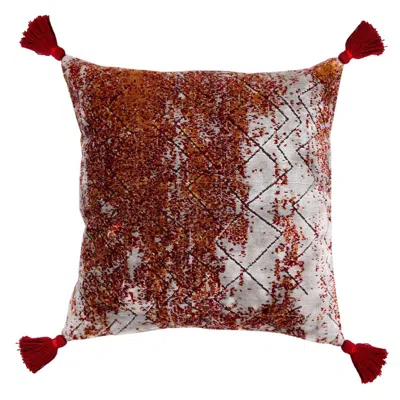 Breebe 18" Red And Silver Abstract Geometric Viscose Throw Pillow Cover With Tassels