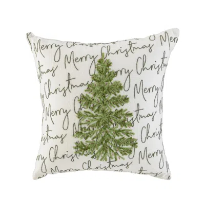 Breebe 18" White And Green Cotton Merry Christmas Throw Pillow With Embroidery