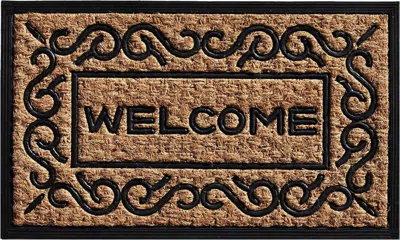 Breebe 18" X 30" Natural And Black Coir Welcome Outdoor Door Mat In Brown