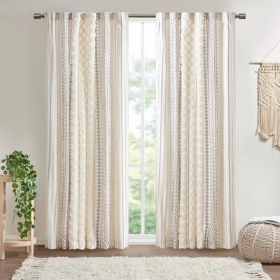 Breebe 1pc 50x108' Cotton Printed Curtain Panel With Chenille Stripe And Lining In Neutral
