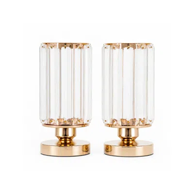Breebe 2 Pack 8.5" Crystal Pendant Hurricane Candle Holders, Gold Metal Base Elegant Fluted Glass Pillar Ca
