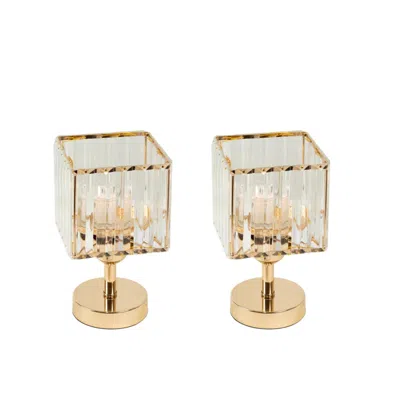 Breebe 2 Pack 9" Crystal Pendant Hurricane Candle Holders In Gold, Elegant Square Design For Pillar Candles