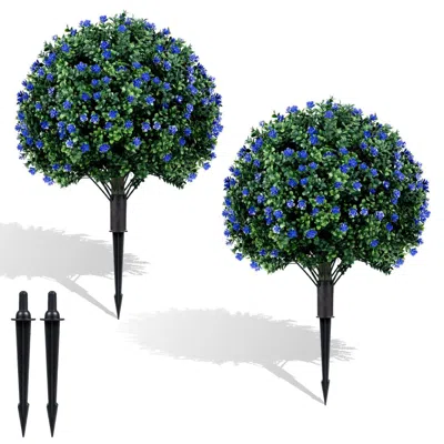 Breebe 2 Pack Artificial Camellia Boxwood Topiary Ball Trees 27.5 Inches Faux Floral Shrubs In Blue
