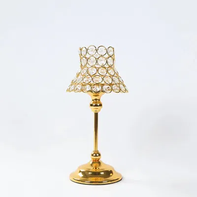 Breebe 2 Pack Crystal Beaded Candle Holders - 12" Tall Gold Metal Centerpieces With Lamp-inspired Shade For