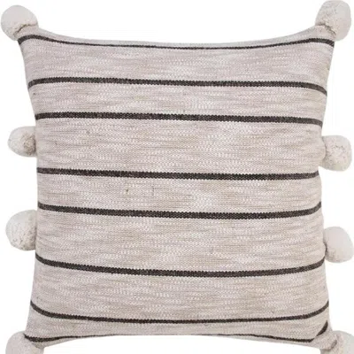 Breebe 20" Beige Black And White Striped Cotton Blend Throw Pillow Cover With Pompoms