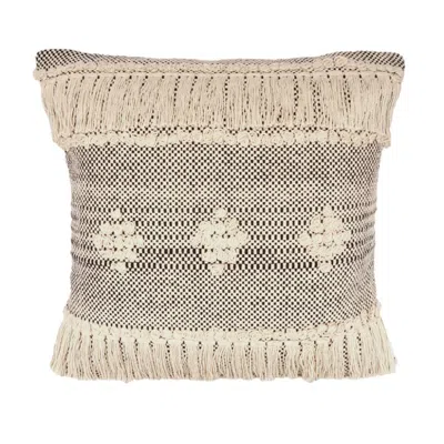 Breebe 20" Black And Cream Geometric Cotton Throw Pillow Cover With Fringe And Texture