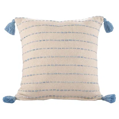 Breebe 20" Blue And Ivory Striped Cotton Blend Throw Pillow Cover With Fringe