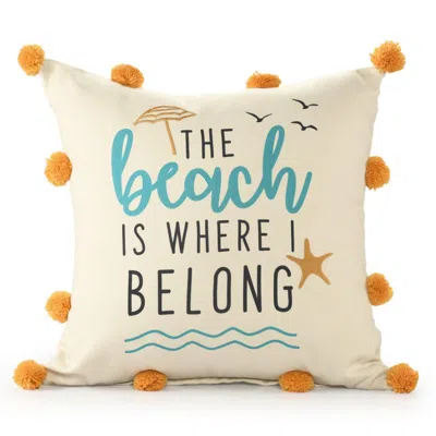 Breebe 20" Blue Orange And Off White The Beach Is Where I Belong Beach Nautical Throw Pillow Cover With Pom