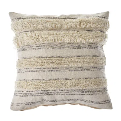 Breebe 20" Cream And Grey Striped Cotton Throw Pillow Cover With Fringe And Texture