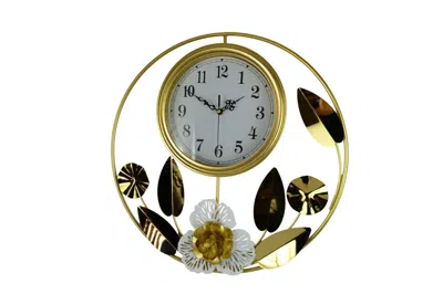 Breebe 20" Gold And White Metal Silent Analog Floral Round Wall Clock