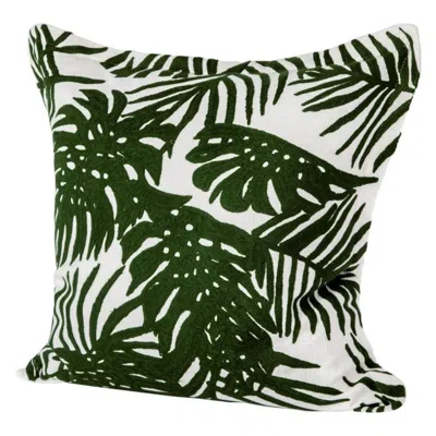 Breebe 20" Green And White Tropical Botanical Linen Throw Pillow Cover With Embroidery
