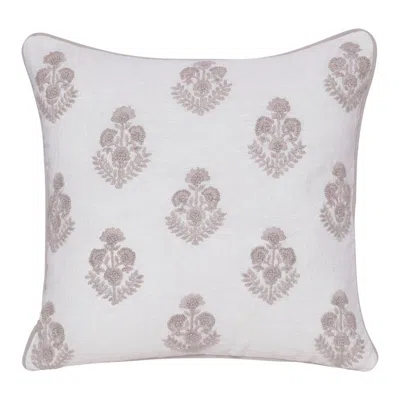 Breebe 20" Off White And Taupe Floral Linen Throw Pillow Cover With Embroidery
