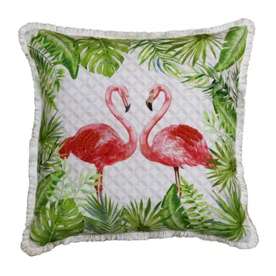 Breebe 20" Off White Pink And Green Flamingo Throw Pillow Cover With Fringe