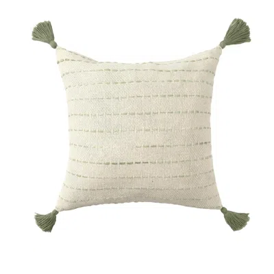 Breebe 20" Sage And Ivory Striped Cotton Blend Throw Pillow With Tassels