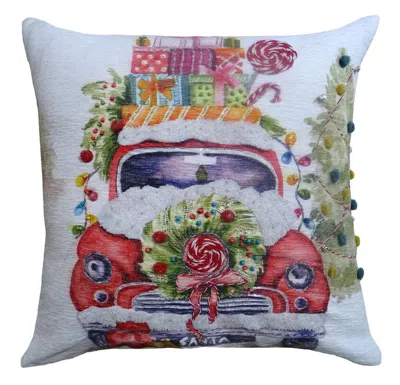 Breebe 20" X 20" Green And Red Zippered Handmade Cotton Blend Christmas Holiday Van Throw Pillow With Pom P