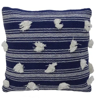 Breebe 20" X 20" Navy And White Striped Textural Throw Pillow With Pom Poms
