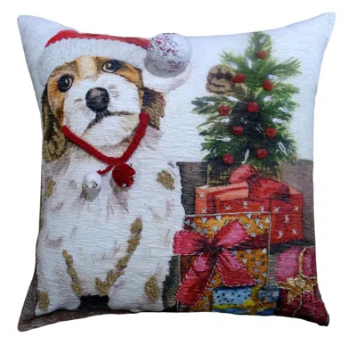 Breebe 20" X 20" Red And White Dog Zippered Handmade Cotton Blend Christmas Throw Pillow With Pom Poms