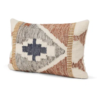Breebe 20" X 21" Black Grey And Cream Lumbar Ikat Wool Blend Throw Pillow Cover With Texture