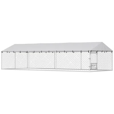 Breebe 20 X 7.5 X 5 Ft Dog Run Enclosure With Adjustable Feeding Bowls In Silver