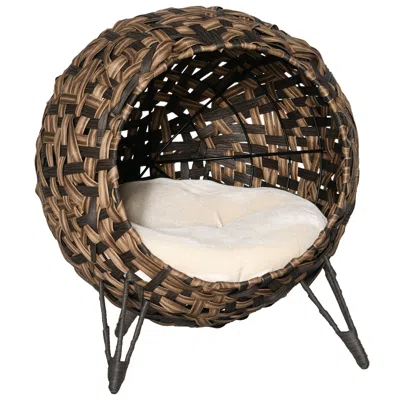 Breebe 20.5 Inch Weaved Cat Bed With Elevated Handwoven Banana Leaf Design And Cushion In Brown