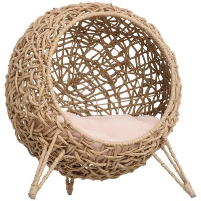 Breebe 20.5 Inch Weaved Cat Bed With Elevated Handwoven Banana Leaf Design In Brown