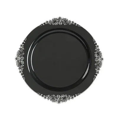 Breebe 20-pack Economy Plastic Round Charger Plates 13" In Black With Silver Embossed Baroque Rim, Stylish 