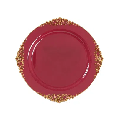 Breebe 20-pack Economy Plastic Round Charger Plates 13" In Burgundy With Gold Embossed Baroque Rim, Stylish