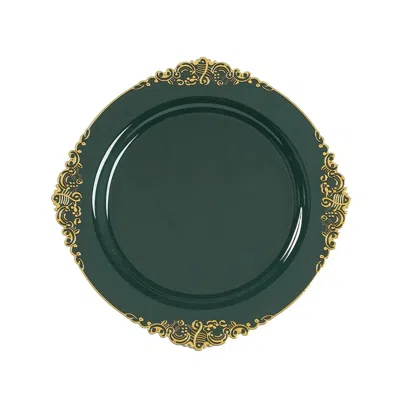 Breebe 20-pack Economy Plastic Round Charger Plates 13" In Hunter Emerald Green With Gold Embossed Baroque 