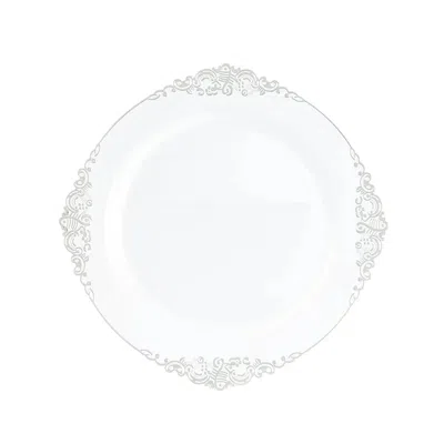 Breebe 20-pack Economy Plastic Round Charger Plates 13" In White With Silver Embossed Baroque Rim, Stylish 