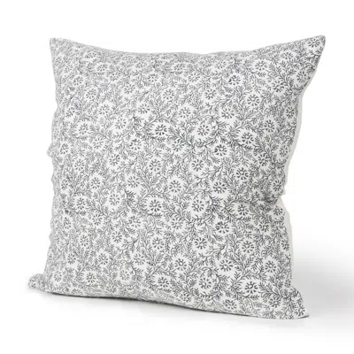 Breebe 22" Cream And Indigo Botanical Linen Throw Pillow Cover With Embroidery