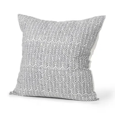 Breebe 22" Cream And Indigo Botanical Linen Throw Pillow Cover With Embroidery